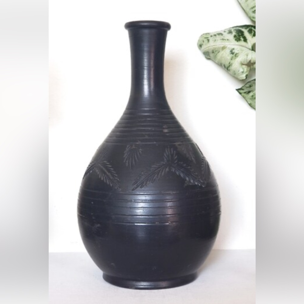 Black Clay 10” tall Leaf Pattern Pottery Vase from Ten Thousand Villages